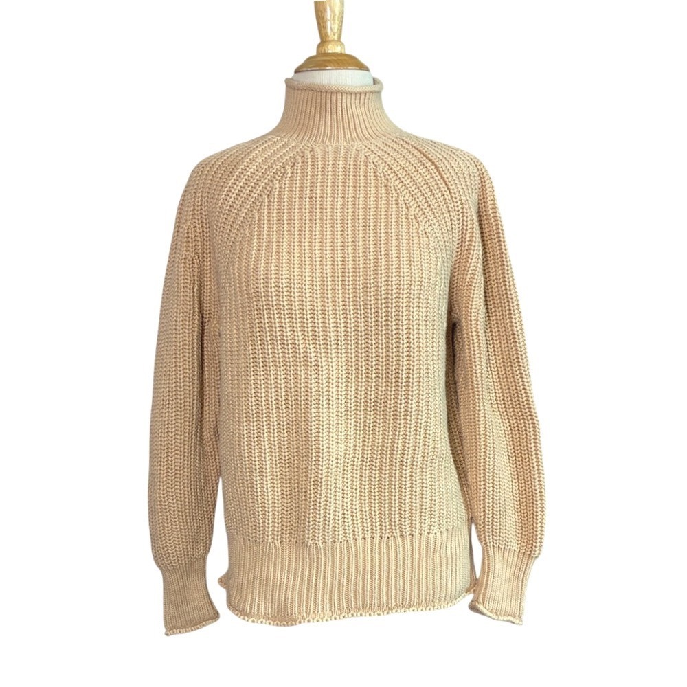 J. CREW Women XS Camel Cotton Chunky Knit Pullover Mock Neck Fisherman Sweater